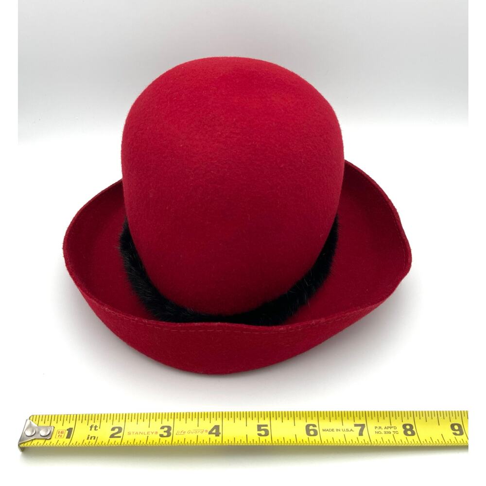 Vintage Liz Claiborne Red Wool Cloche Hat with Mink Fur Trim and Beaded Accent - Picture 12 of 14
